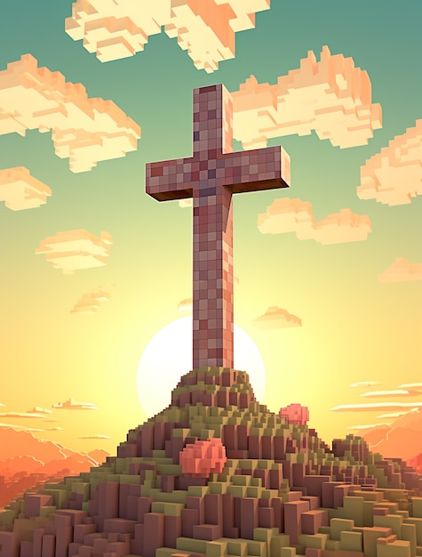 Free photo 3d rendering of cross sculpture by sunset