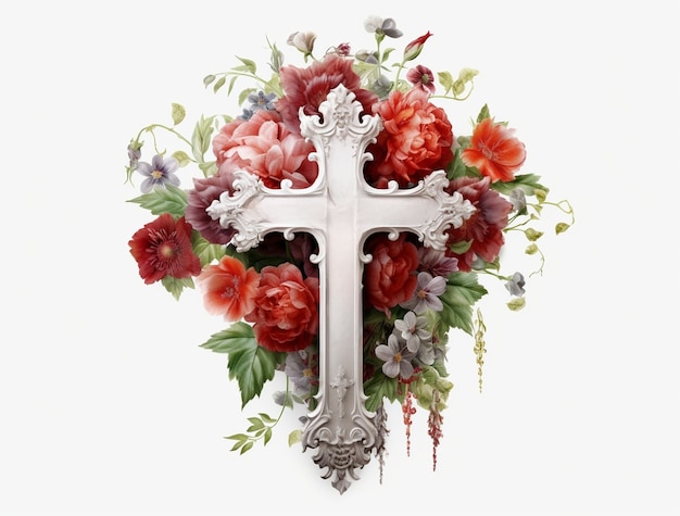 Free Photo 3d rendering of cross surrounded by flowers