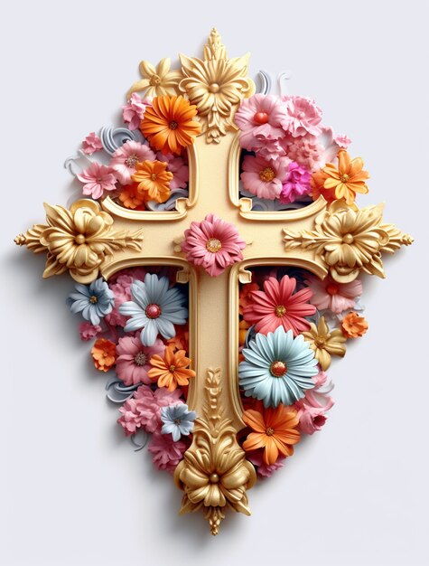 3d rendering of cross surrounded by flowers