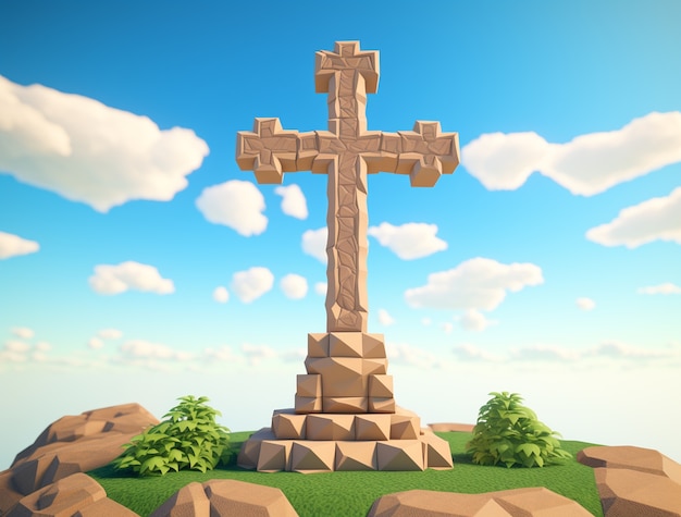 3d rendering of cross on top of rocks