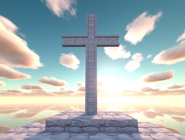 3d rendering of cross on top of rocks