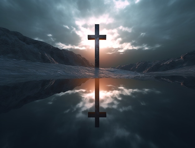 Free photo 3d rendering of cross above water