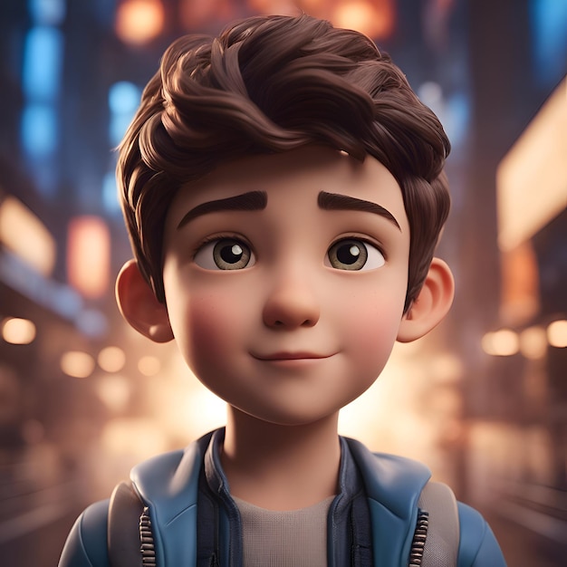 Free photo 3d rendering of a cute boy in a city at night