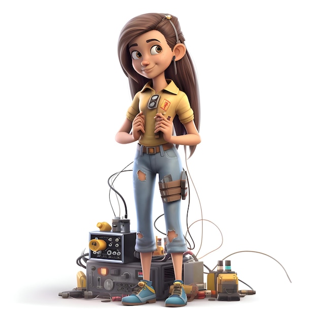 Free Photo 3d rendering of a cute cartoon girl with electrician's tools