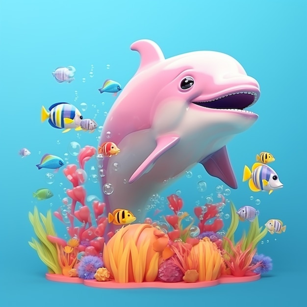 Free photo 3d rendering of dolphin swimming over flower