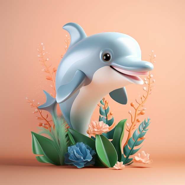 Free photo 3d rendering of dolphin swimming over flower