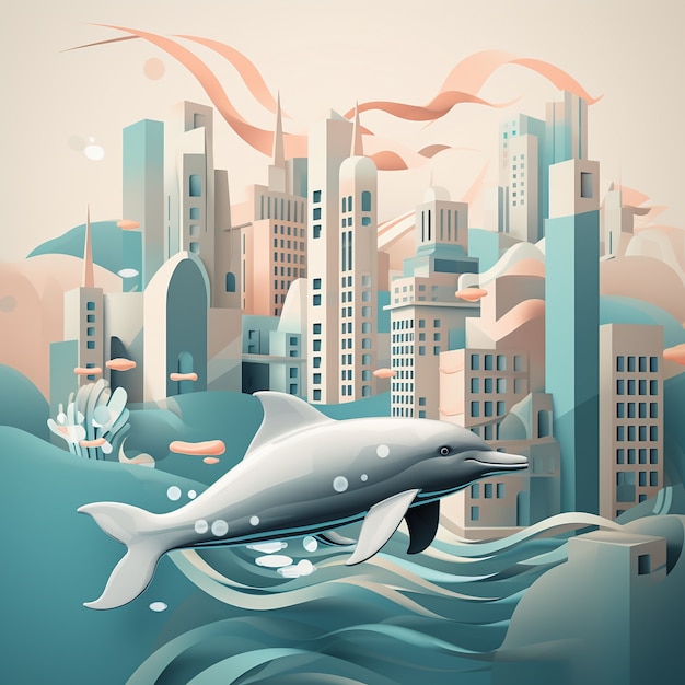 Free photo 3d  rendering of dolphins in underwater city