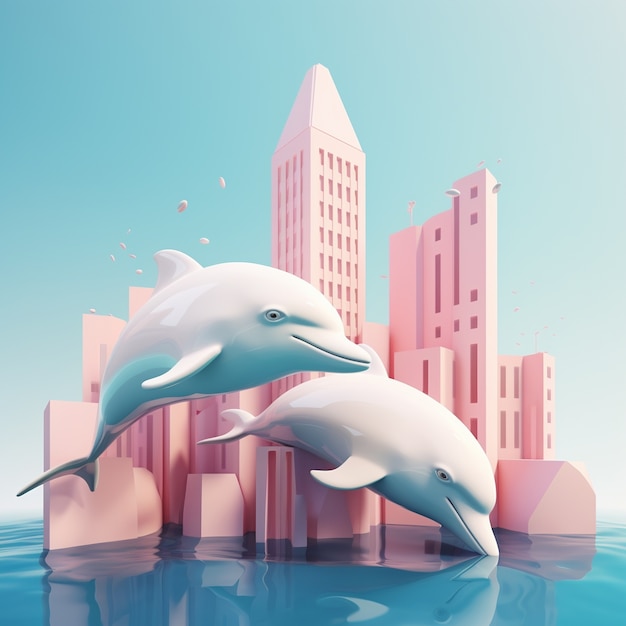 Free photo 3d  rendering of dolphins in underwater city