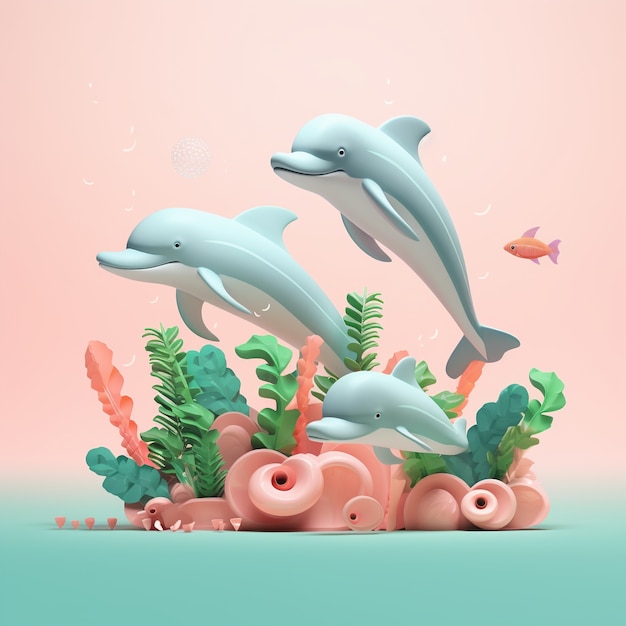 3d  rendering of dolphins with corals