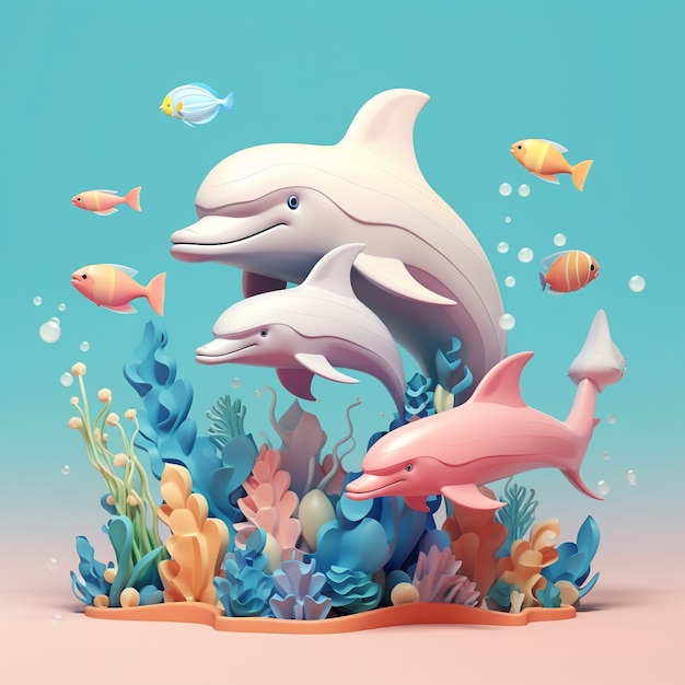 3d  rendering of dolphins with corals