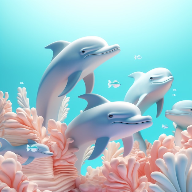 3d  rendering of dolphins with corals