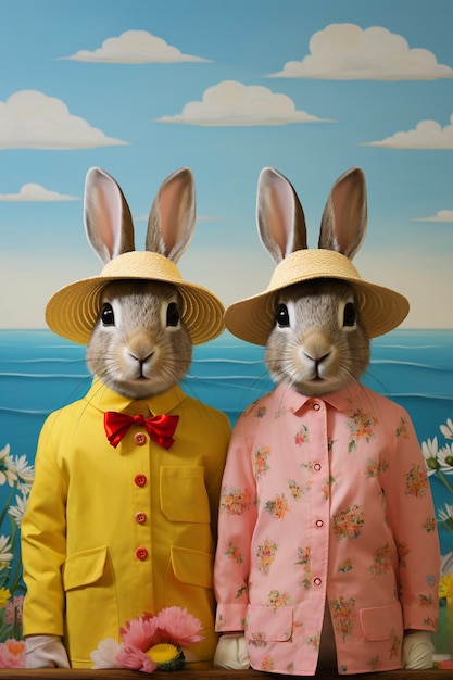 Free photo 3d rendering of easter bunnies dressed up