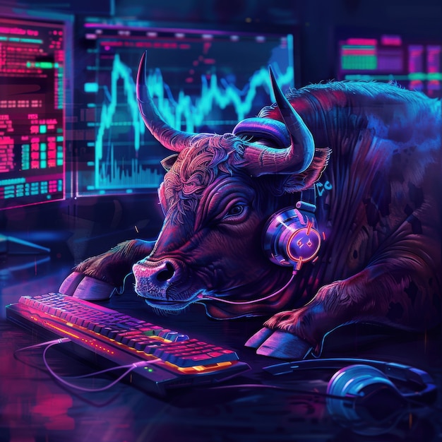 Free photo 3d rendering of financial neon bull