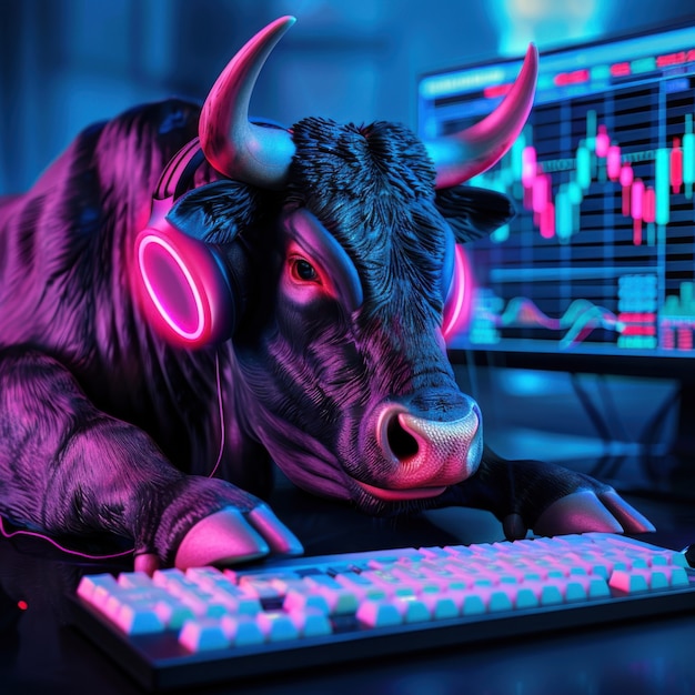 3d rendering of financial neon bull