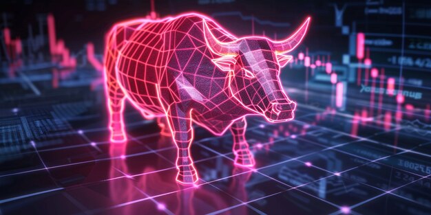 3d rendering of financial neon bull