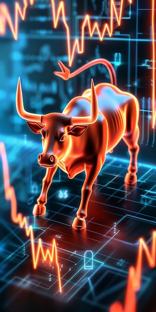 3d rendering of financial neon bull