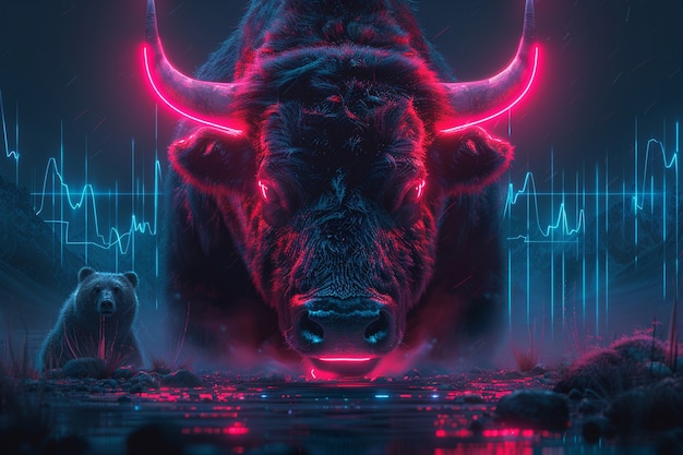 Free photo 3d rendering of financial neon bull