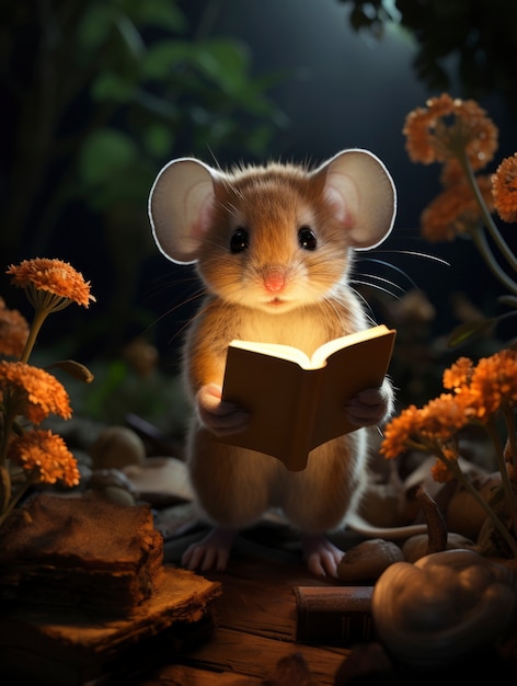 Free Photo 3d rendering of forest animal reading book