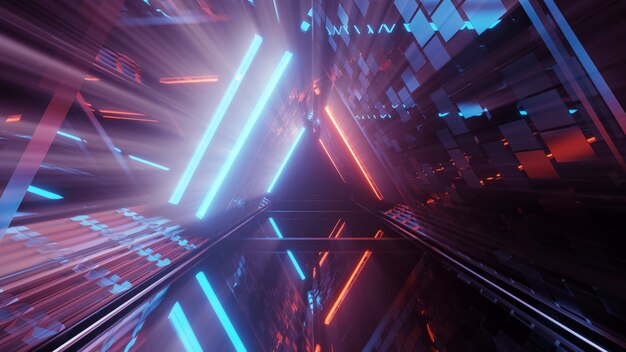 3D rendering of a futuristic background with geometric shapes and colorful neon lights