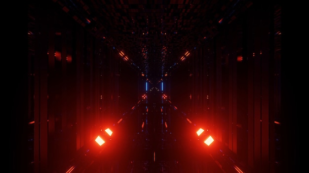 A 3D rendering of a futuristic background with neon red and blue lights