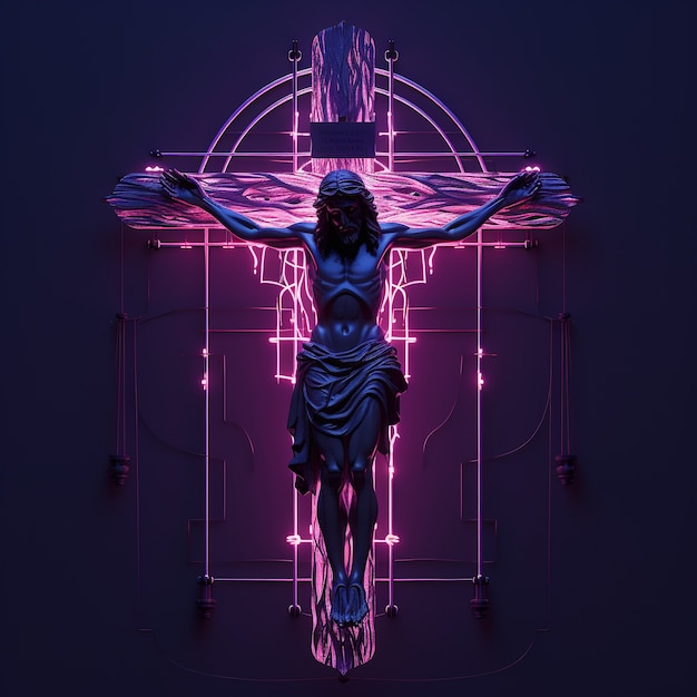 Free Photo 3d rendering of jesus on neon cross