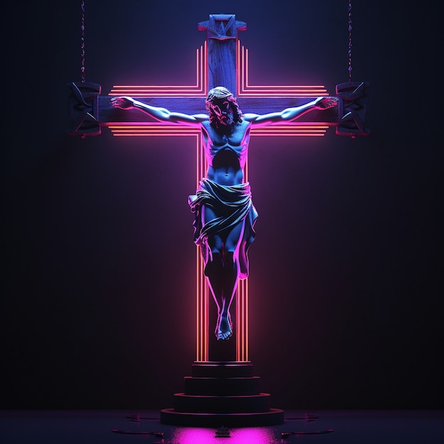 Free Photo 3d rendering of jesus on neon cross