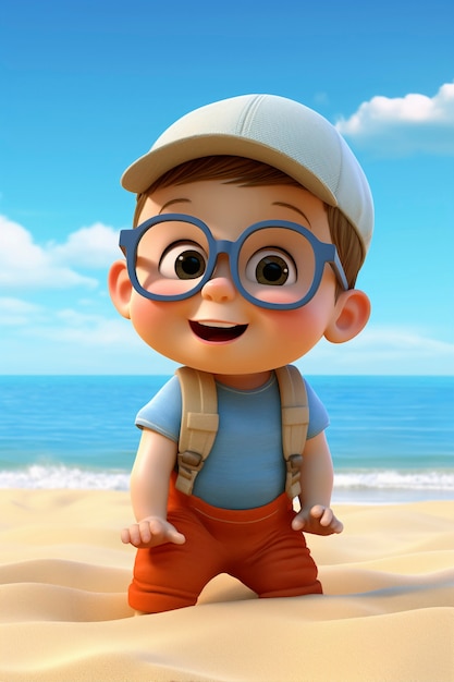 Free Photo 3d rendering of kid character on beach