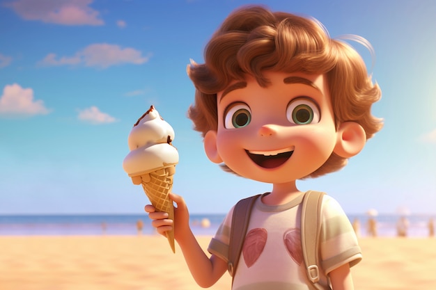 Free photo 3d rendering of kid character with ice cream