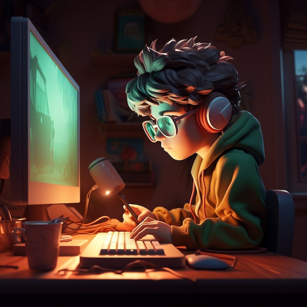 3d rendering of kid playing digital game