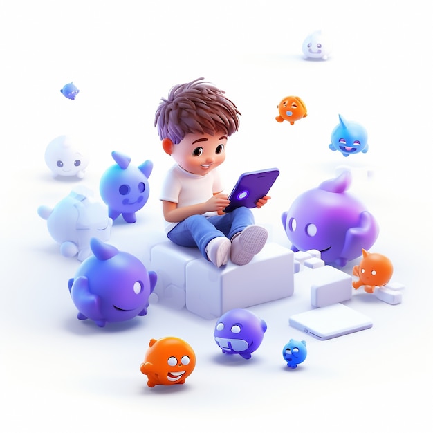 Free Photo 3d rendering of kid playing online