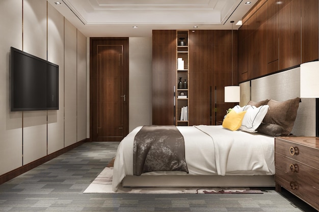 Free photo 3d rendering luxury bedroom suite in hotel with tv and cabinet and wardrobe