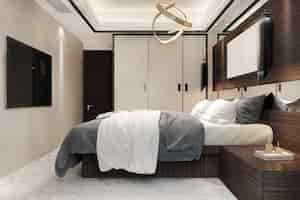 Free photo 3d rendering luxury modern bedroom suite in hotel with tv and cabinet