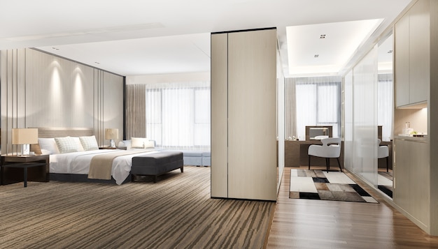 Free Photo 3d rendering luxury modern bedroom suite tv with wardrobe and walk in closet