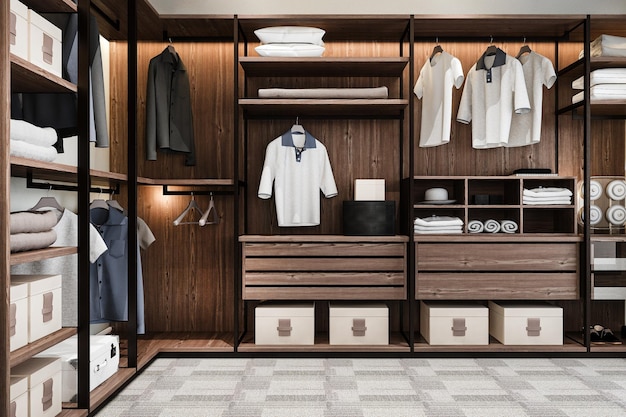 Free photo 3d rendering minimal scandinavian wood walk in closet with wardrobe