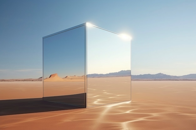 3d rendering of mirror cube in desert