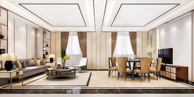 3d rendering modern dining room and living room with luxury decor