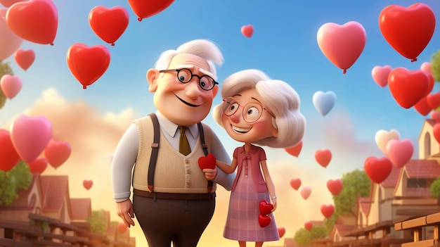 Free photo 3d rendering of old couple on valentine day