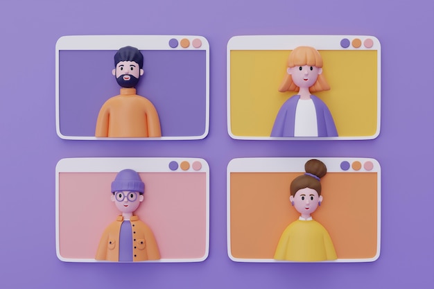 3d rendering of people avatars in a zoom call