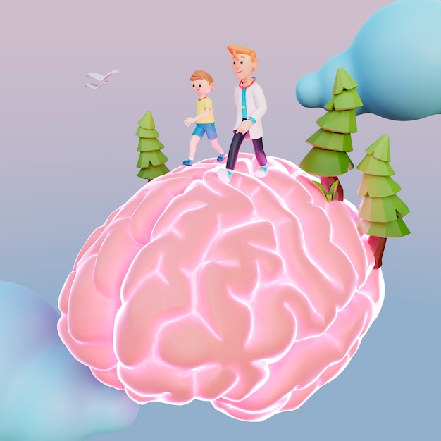 Free Photo 3d rendering of people walking on human brain