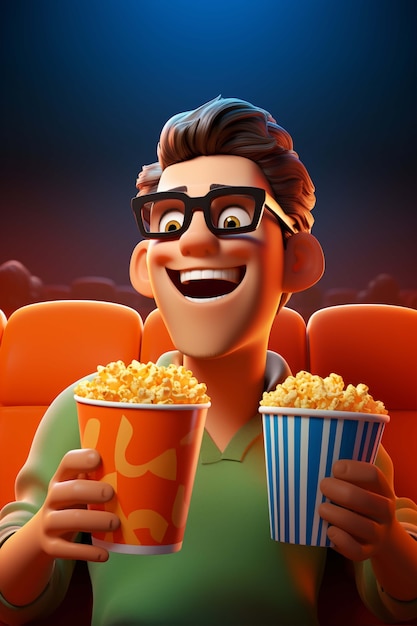 3d rendering of person watching movie with popcorn