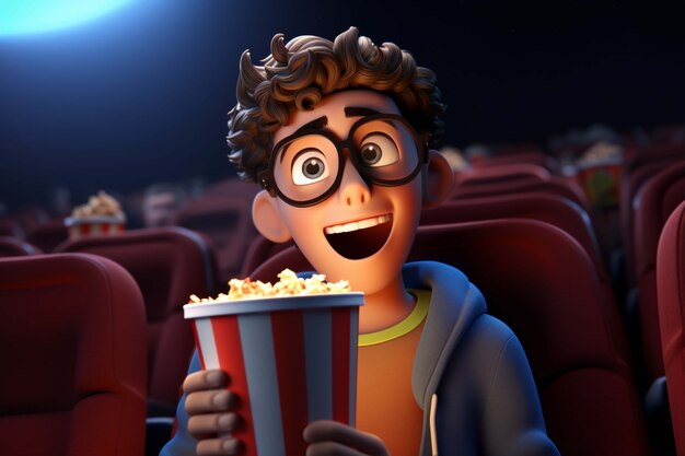 3d rendering of person watching movie with popcorn