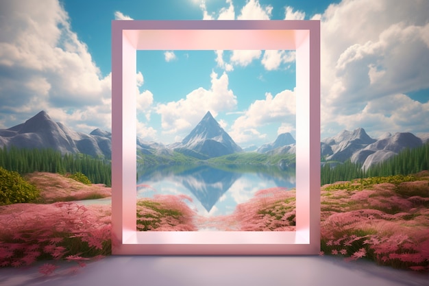 Free photo 3d rendering of rectangle  shape surrounded by flowers