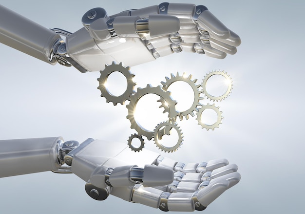 3D rendering robot hand holding metal 3D mechanical gear