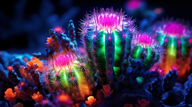 3d rendering of vibrant neon cactus in desert