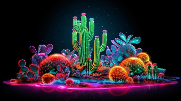 Free Photo 3d rendering of vibrant neon cactus in desert