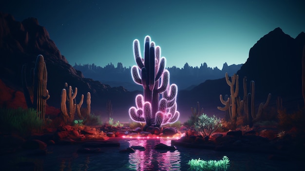 Free photo 3d rendering of vibrant neon cactus in desert