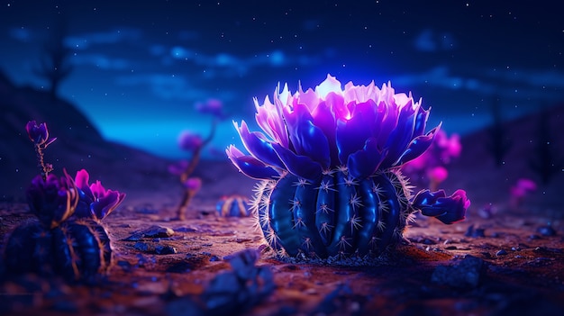 Free Photo 3d rendering of vibrant neon cactus in desert