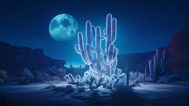 Free Photo 3d rendering of vibrant neon cactus in desert