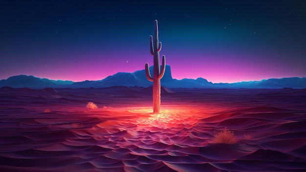 Free Photo 3d rendering of vibrant neon cactus in desert