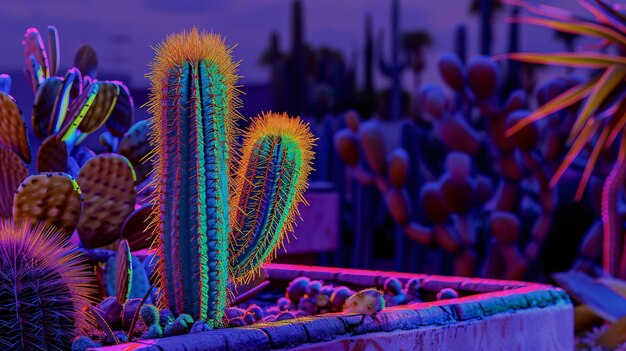 3d rendering of vibrant neon cactus in desert